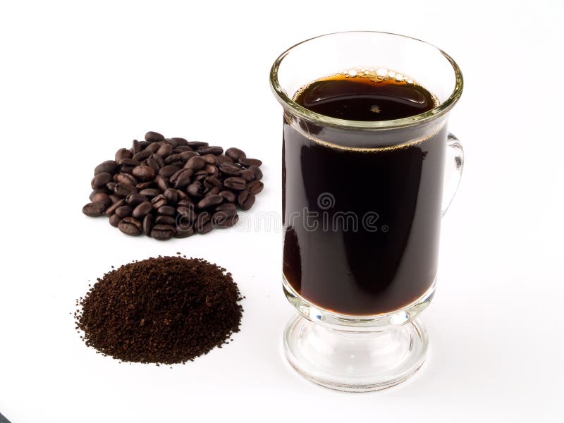 Coffee Beans Coffee Grounds and a Cup of Brewed Coffee. Coffee Beans Coffee Grounds and a Cup of Brewed Coffee