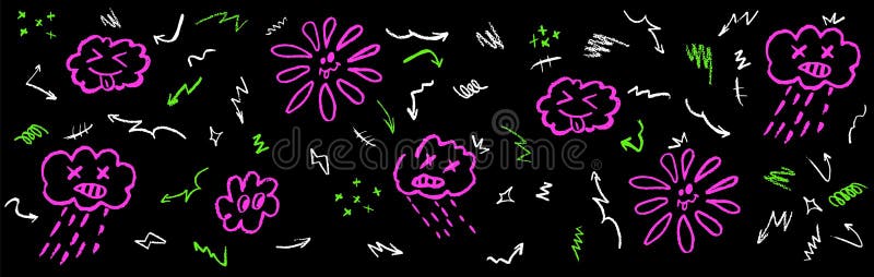 Motivo colorato con cera a cera disegno di nubi piovose con lingua fiore e sole. scheggia per bambini illustrazione vettoriale