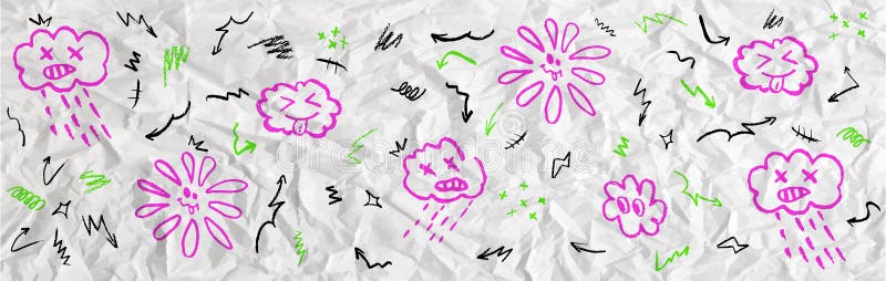 Motivo colorato con cera a cera disegno nuvola piovosa con la lingua nuvola e il fiore divertente e il sole su carta sgranata illustrazione di stock