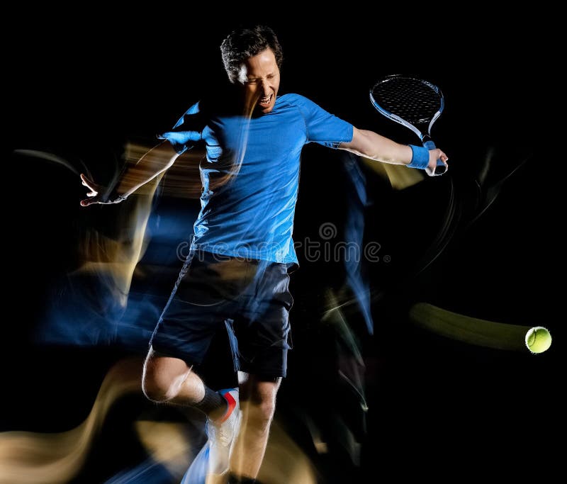 Moto nero di velocità della pittura della luce del fondo isolato uomo del tennis immagini stock Moto nero di velocità della pittura della luce del fondo isolato uomo del tennis immagini stock