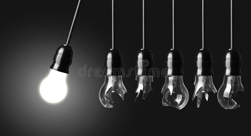 Perpetual motion with broken light bulbs and glowing bulb. Perpetual motion with broken light bulbs and glowing bulb