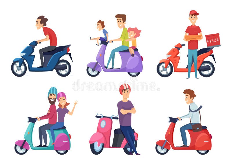 Motocicleta del paseo del hombre Vespa rápida de la bici para los pares de los viajeros de la pizza o de la comida de la entrega libre illustration