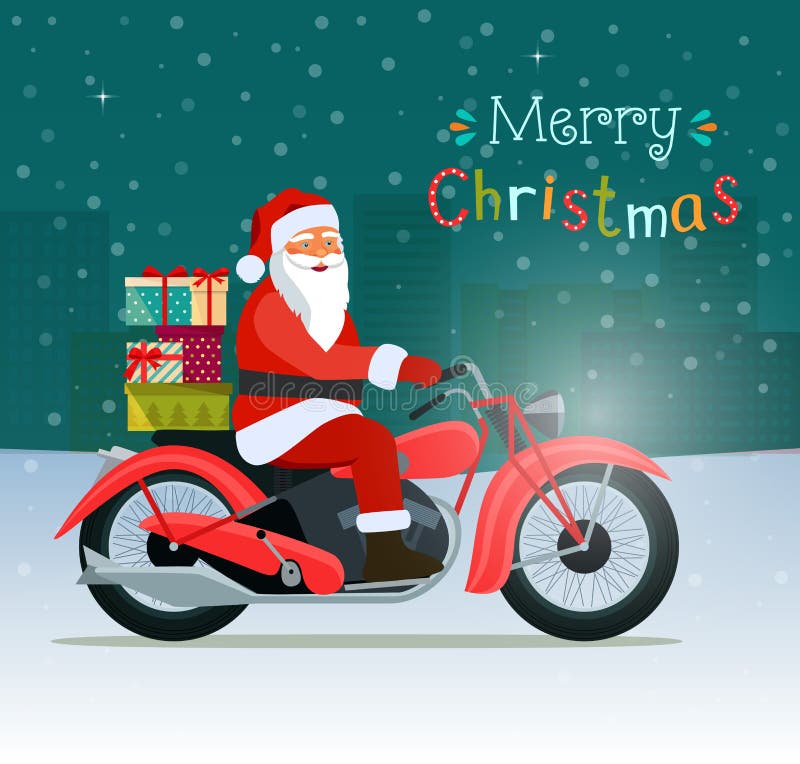 Motocicleta roja retra con las cajas de Papá Noel y de regalo Feliz Navidad libre illustration Motocicleta roja retra con las cajas de Papá Noel y de regalo Feliz Navidad libre illustration