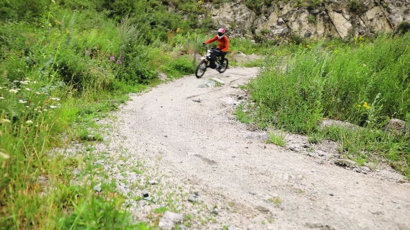 Motociclista andando em trilha na floresta verde