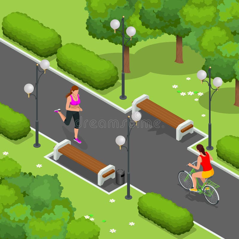 Motociclista in parco, funzionamento della donna che cicla sul percorso della bici Weekend l'escursione sulle loro bici il giorno illustrazione vettoriale Motociclista in parco, funzionamento della donna che cicla sul percorso della bici Weekend l'escursione sulle loro bici il giorno illustrazione vettoriale