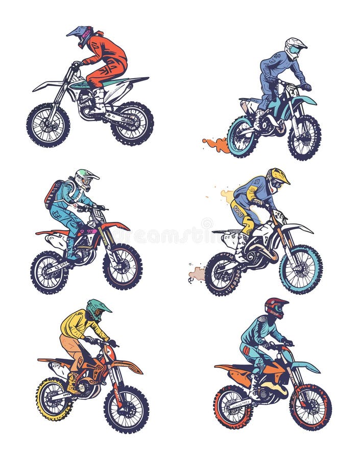 Motocross riders performing jumps tricks dirt bikes, rider wears colorful protective gear helmets. Bikes midair against isolated white background, showing off dynamic motorbike stunts. Motocross riders performing jumps tricks dirt bikes, rider wears colorful protective gear helmets. Bikes midair against isolated white background, showing off dynamic motorbike stunts