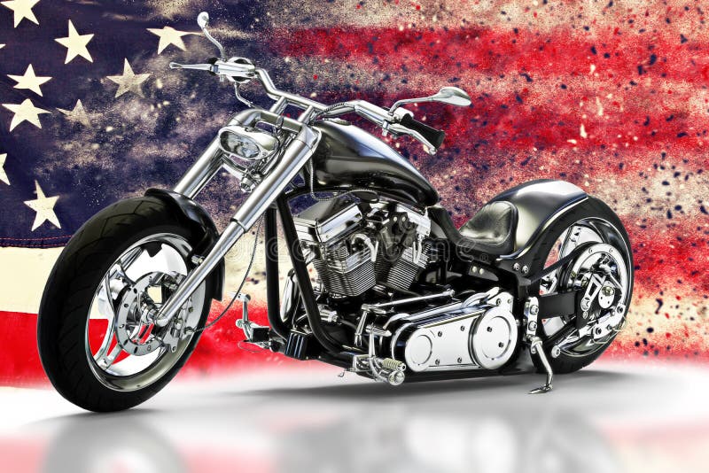 Motociclo nero su ordinazione con il fondo della bandiera americana con gli effetti della dispersione Fatto nel concetto dell'Ame illustrazione di stock Motociclo nero su ordinazione con il fondo della bandiera americana con gli effetti della dispersione Fatto nel concetto dell'Ame illustrazione di stock