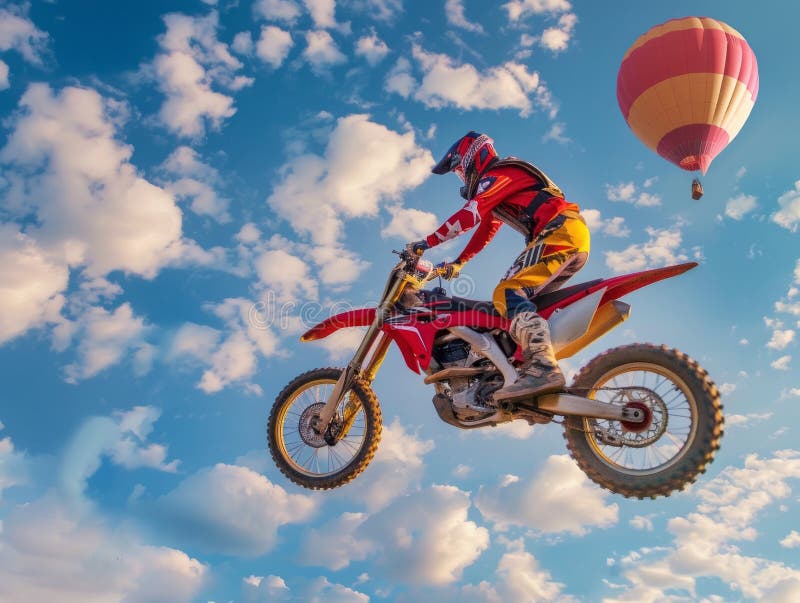 A motorcross rider jumping in the air, with his bike and wearing red and yellow gear, sky blue background with white clouds. A motorcross rider jumping in the air, with his bike and wearing red and yellow gear, sky blue background with white clouds.