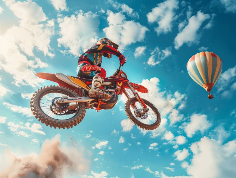 A motorcross rider jumping in the air, with his bike and wearing red and yellow gear, sky blue background with white clouds. A motorcross rider jumping in the air, with his bike and wearing red and yellow gear, sky blue background with white clouds.