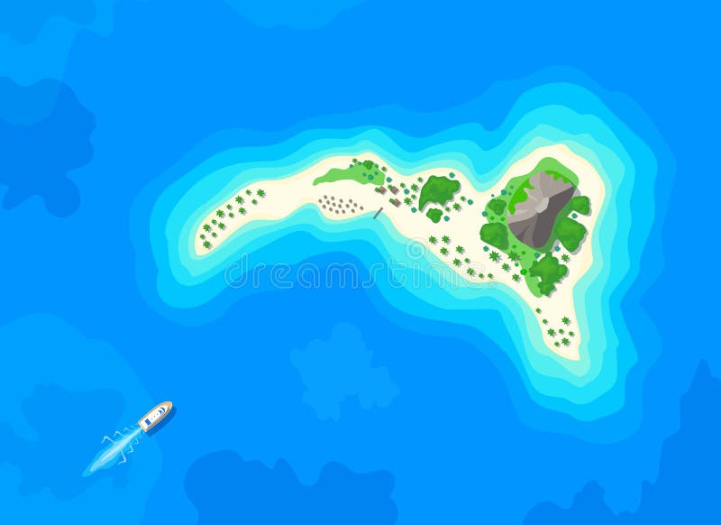 Motor boat sailing in sea water to tropical island top aerial view vector illustration. Motor boat sailing in sea water to tropical island top aerial view vector illustration