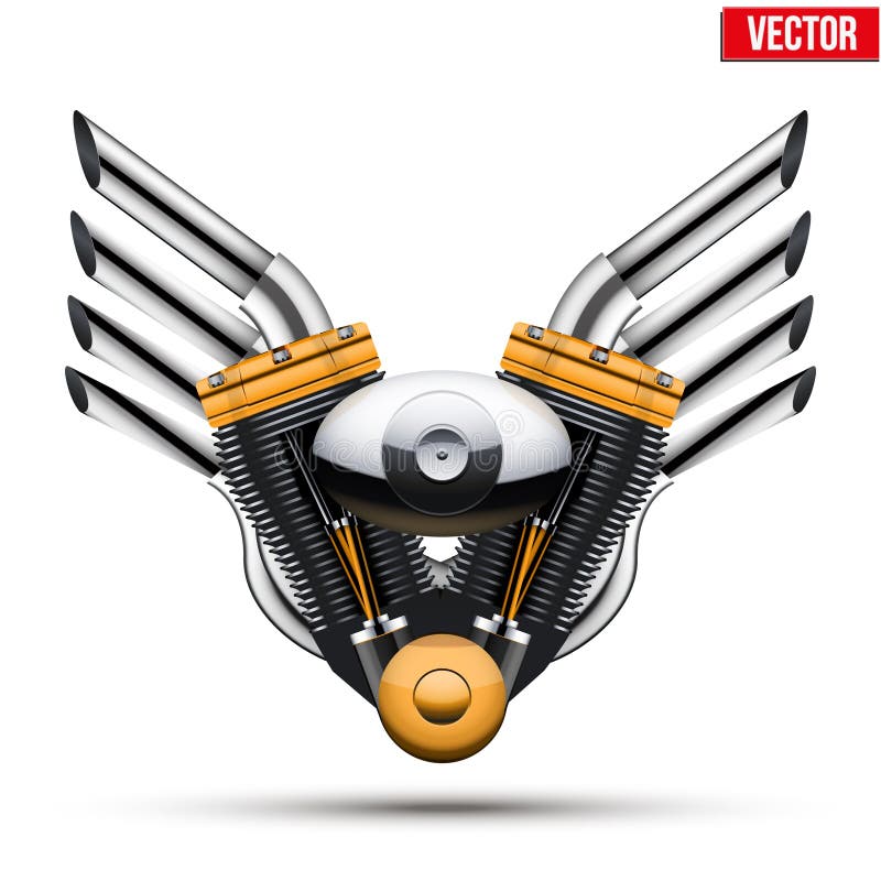 Motorcycle engine with metal wings of tailpipe. Vector Illustration on white background. Motorcycle engine with metal wings of tailpipe. Vector Illustration on white background.