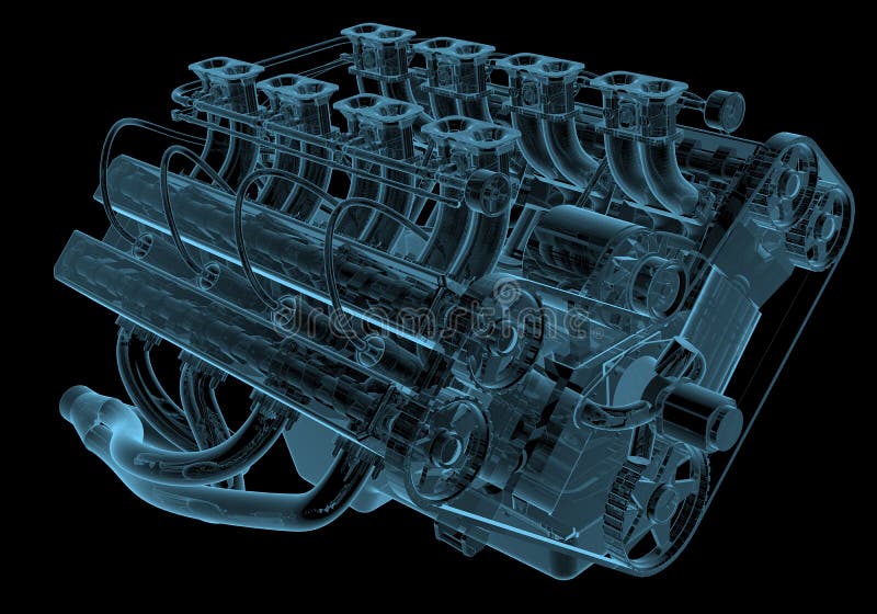 Car engine x-ray blue transparent isolated on black. Car engine x-ray blue transparent isolated on black