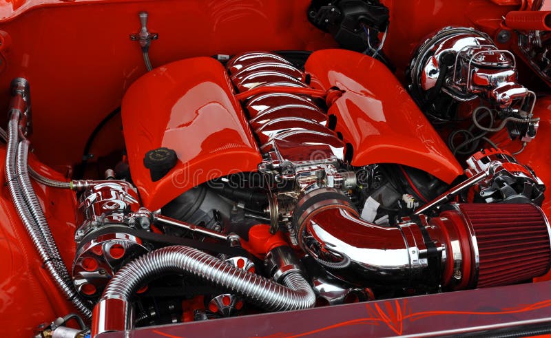 Red car engine bay v8 on show. Red car engine bay v8 on show