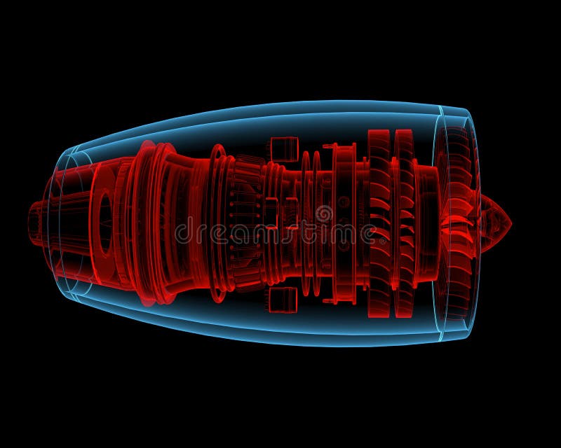 Turbo jet engine (3D xray red and blue transparent isolated on black background). Turbo jet engine (3D xray red and blue transparent isolated on black background)