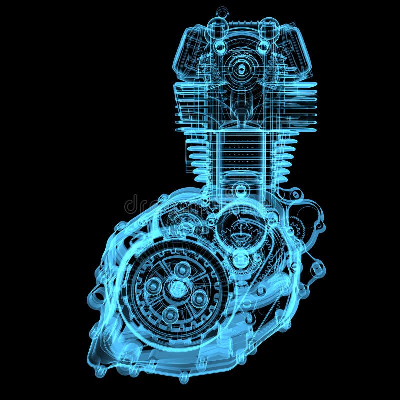 Motocycle engine (3D x-ray blue transparent isolated on black). Motocycle engine (3D x-ray blue transparent isolated on black)