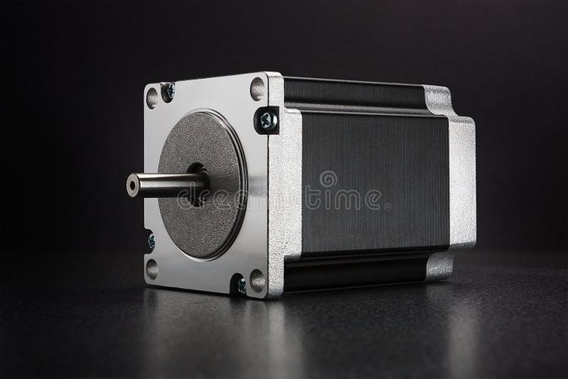 CNC drive stepping / stepper motor with NEMA standard flange, used for driving axes of CNC machines like 3D printers and routers on dark background with diffused reflection. CNC drive stepping / stepper motor with NEMA standard flange, used for driving axes of CNC machines like 3D printers and routers on dark background with diffused reflection