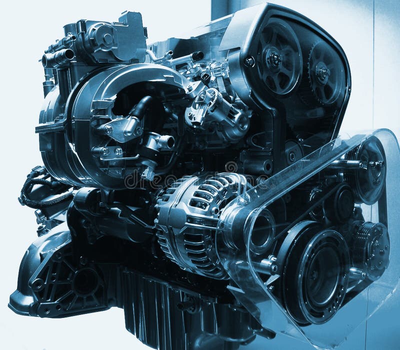 Motor, herausgestellter Automotor der internen Verbrennung in den blauen metallischen Tönen