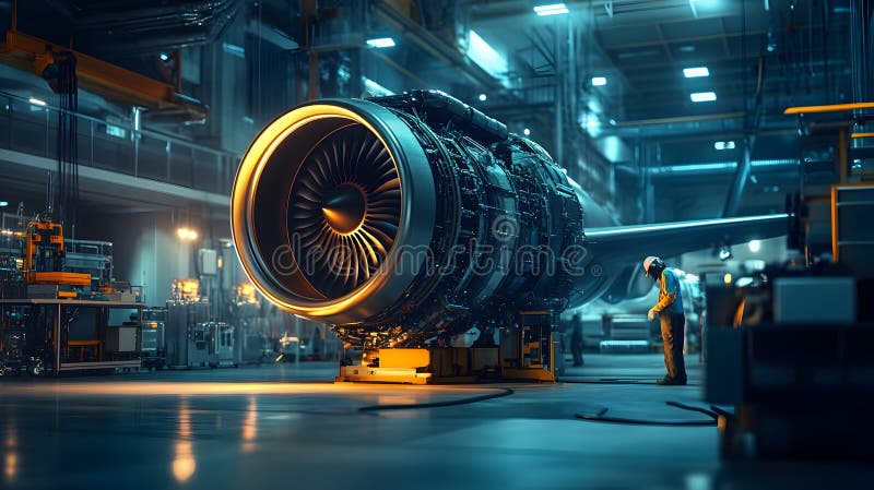 Motor a jato de avião grande em fábrica com engenheiro de capacete trabalhando à noite foto de stock royalty free