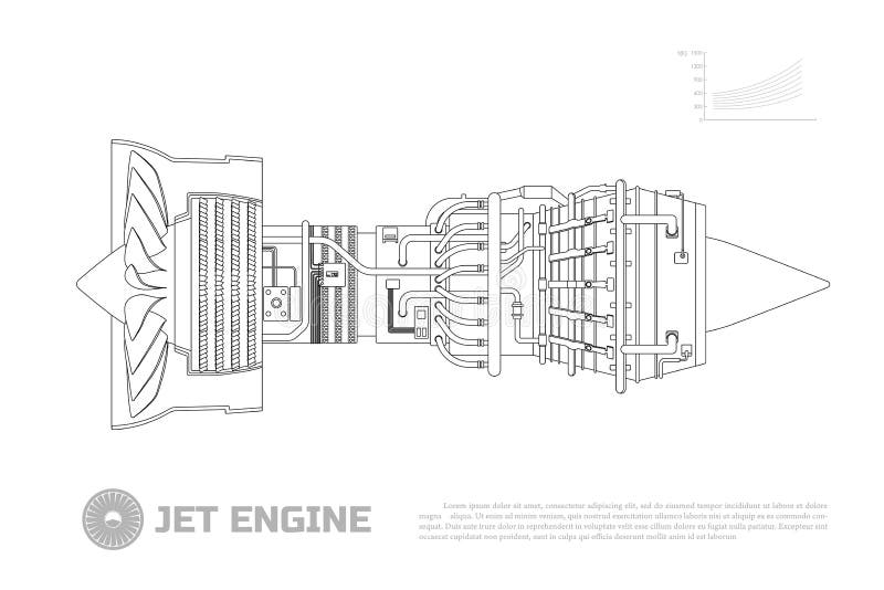Motor a reacción de aviones Pieza del aeroplano Vista lateral Dibujo industrial de Aerospase Imagen del esquema