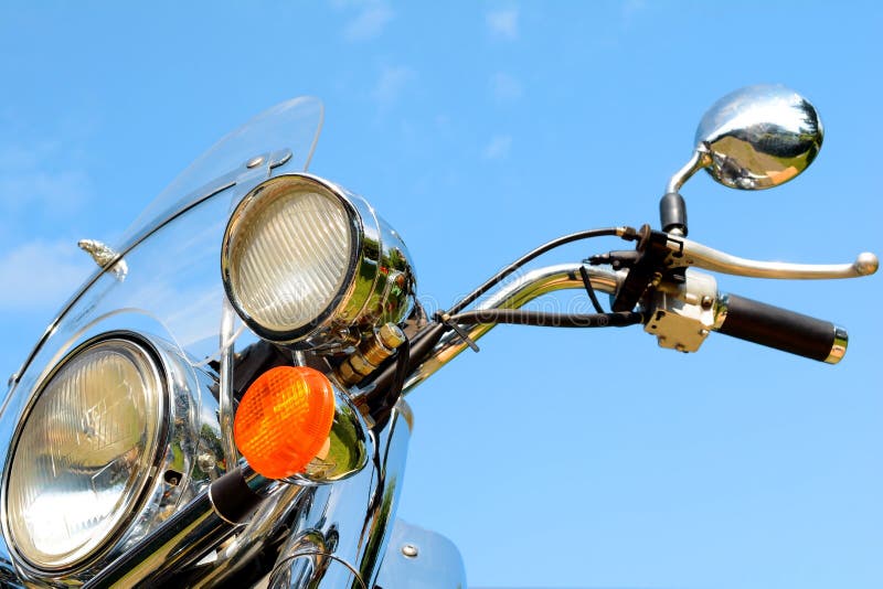 Motorcycle Detail Closeup Front Fork And Headlight And Handlebar. Stock