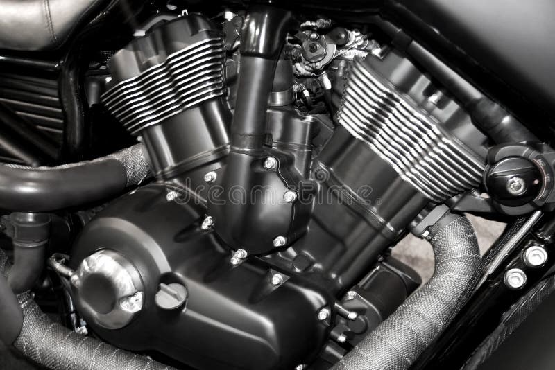 V-twin motorcycle engine close-up detail background