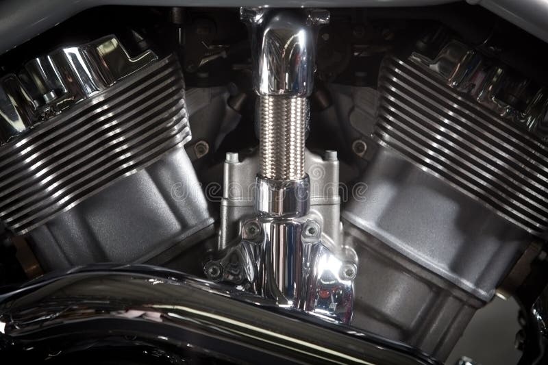 Close-up shot of a V-Twin motorcycle engine.