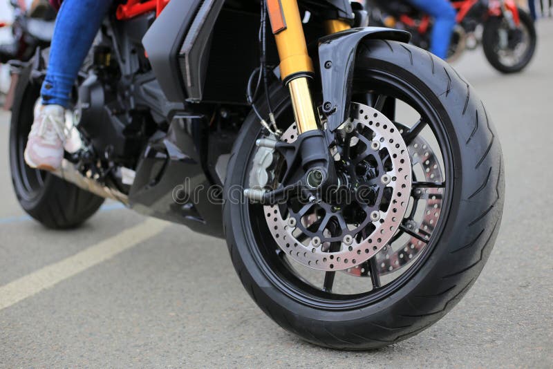 Motorcycle Front Wheel on the Street Stock Image Image of brake, detail 246296319