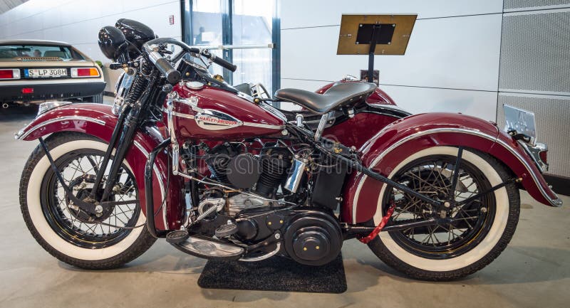 Motorcycle Harley-Davidson WLA 45 Gespann, 1944 with sidecar Simard Rocketman, 1934. stock image Motorcycle Harley-Davidson WLA 45 Gespann, 1944 with sidecar Simard Rocketman, 1934. stock image