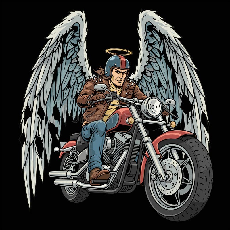 A striking vector illustration depicts a powerful male biker with a unique twist. The rider, wearing a classic brown leather jacket, blue jeans, and a retro helmet, is shown confidently astride a red cruiser motorcycle. What sets him apart are the majestic white angel wings extending from his back and a golden halo hovering above his head, suggesting a 'heavenly rider' or 'guardian angel' motif. The detailed artwork, set against a stark black background, combines elements of biker culture, fantasy, and mythology, making it ideal for merchandise, apparel, posters, or any design seeking a blend of rebellion and divine protection. Angel rider vectors
