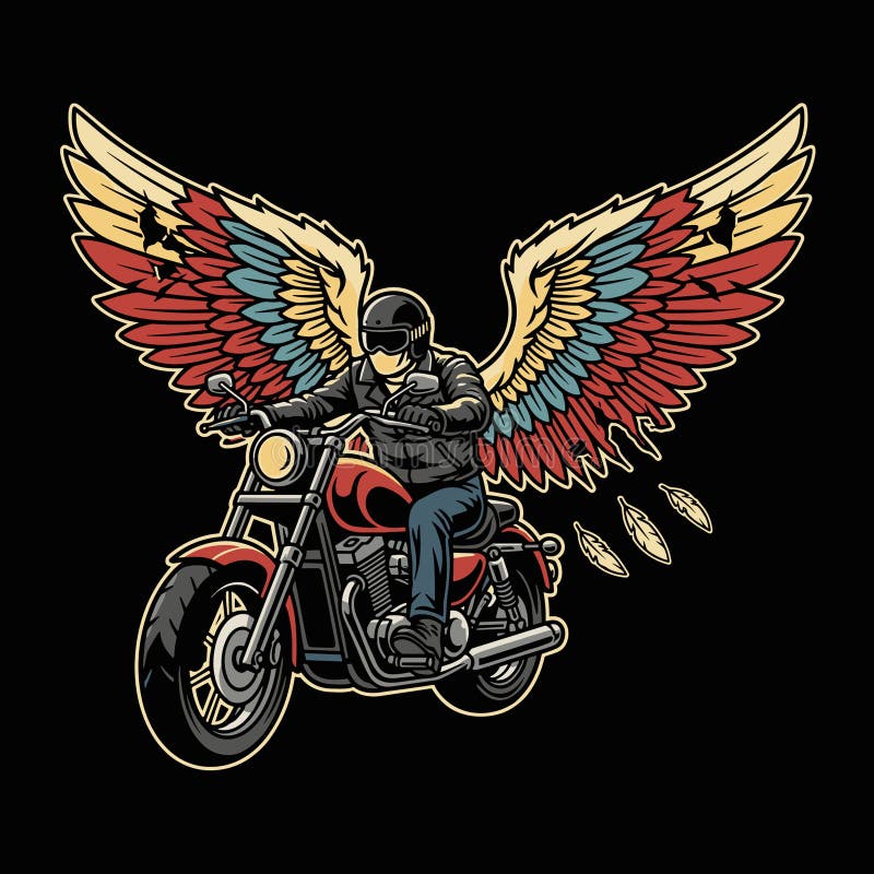 A dynamic vector illustration features a classic biker riding a powerful cruiser motorcycle against a solid black background. The rider, clad in a helmet, goggles, and a leather jacket, is dramatically framed by large, colorful wings in shades of red, blue, and yellow, symbolizing freedom, speed, and adventure. A few feathers drift away, adding to the dynamic feel. This detailed artwork captures the spirit of the open road and the iconic biker lifestyle, making it ideal for apparel designs, posters, emblems, or any project celebrating motorcycle culture and the thrill of the ride. Angel rider vectors