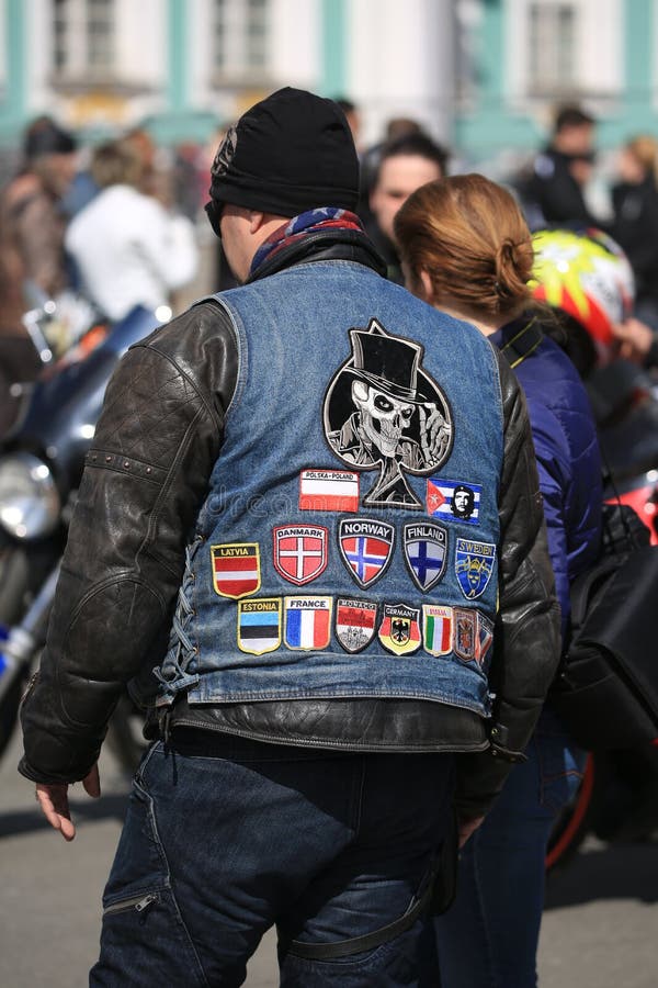 Hammer finansiel Rudyard Kipling Biker in a Denim Vest with an Abstract Skull Applique Worn Over a Leather  Jacket. Back View Editorial Stock Image - Image of hermitage, kawasaki:  154044849