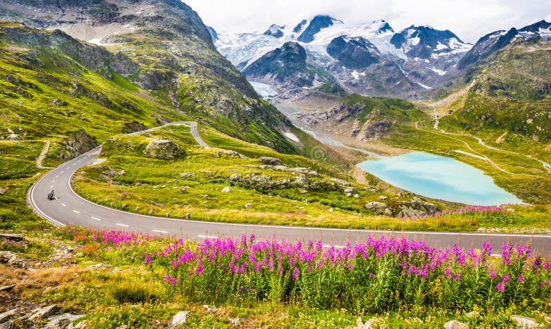 Hermoso de motociclista gestión sobre el devanado montana atropellar carreteras en Alpes a través de hermoso escenario montana picos, glaciar, lagos a verde pastos floreciente flores en el verano.