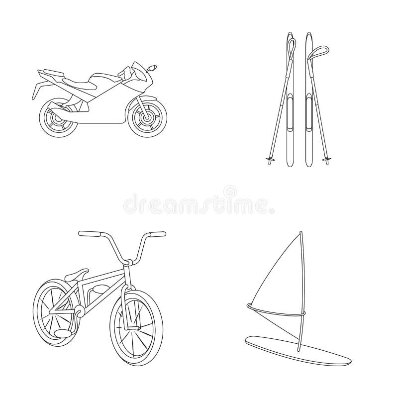 Motorcykel bergskidåkning och att cykla och att surfa med en segla Extrema symboler för sportuppsättningsamling i översikt utform royaltyfri illustrationer Motorcykel bergskidåkning och att cykla och att surfa med en segla Extrema symboler för sportuppsättningsamling i översikt utform royaltyfri illustrationer