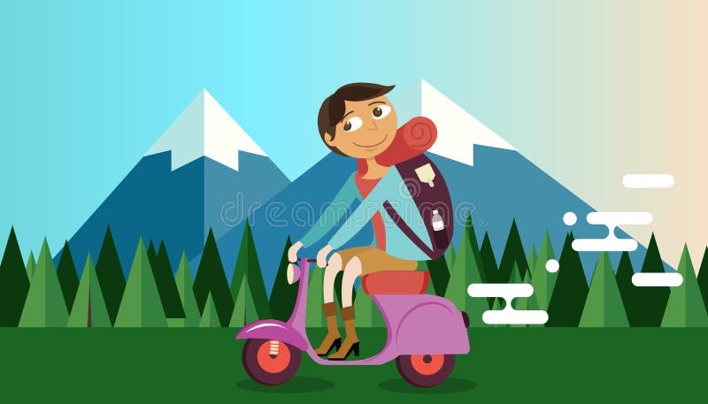 Motorcykel för cykel för manridningvespa i lopp för illustration för vektor för bakgrund för naturbergskog stock illustrationer Motorcykel för cykel för manridningvespa i lopp för illustration för vektor för bakgrund för naturbergskog stock illustrationer