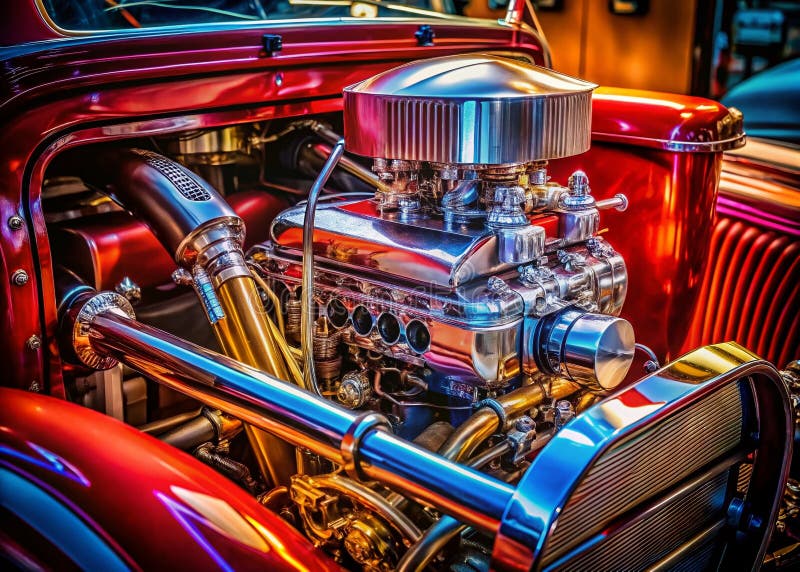 Motore Hot Rod Americano Vintage: Un'immersione profonda nella fotografia documentaristica, tra dettagli intricati e fascino senza illustrazione di stock