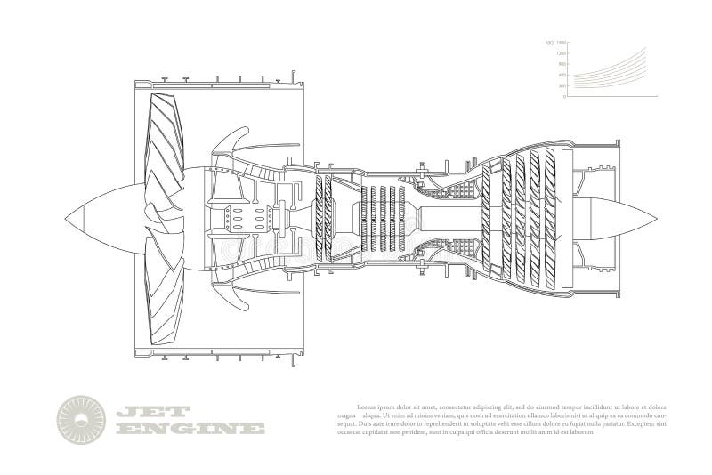 Motore a reazione del velivolo in stile struttura Apparecchiatura aerospaziale industriale Disegno del motore del piano Parte di illustrazione vettoriale