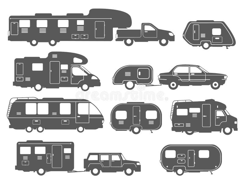 Motorhome silhouettes. Rv cars, camper vans, caravan recreational vehicles, auto trailer for camping, campervan icons