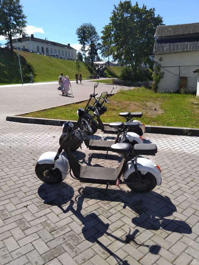 Motorini elettrici locativi che aspettano al parco fotografia stock libera da diritti Motorini elettrici locativi che aspettano al parco fotografia stock libera da diritti