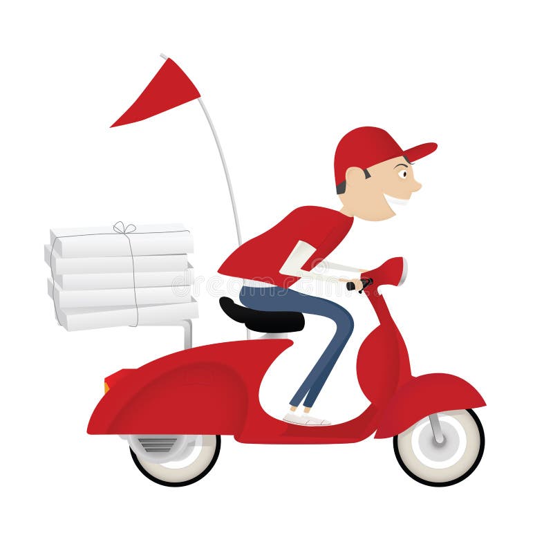 Motorisk cykel för rolig ridning för pizzaleveranspojke vektor illustrationer Motorisk cykel för rolig ridning för pizzaleveranspojke vektor illustrationer