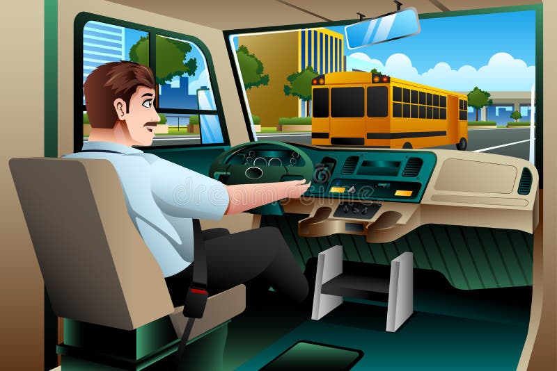 Motorista de ônibus escolar Driving um ônibus ilustração stock Motorista de ônibus escolar Driving um ônibus ilustração stock