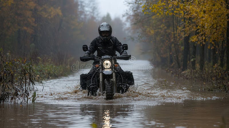 Motorradfahrer navigieren überflutete Herbstwald Aktion erschossen Wetter Low-Winkel-Abenteuer Reise lizenzfreie abbildung