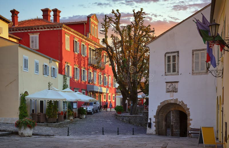 Motovun town, Istria, Croatia. Comfy street. Motovun town, Istria, Croatia. Comfy street and square with picturesque architecture and old houses during evening