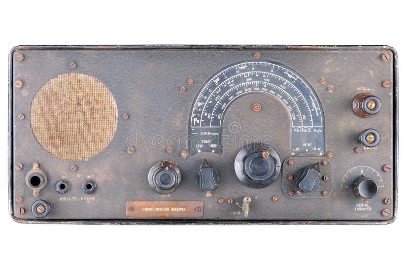 World war two era radio communications receiver such as would be used for reception of general programs (news etc) by military units, maybe in the mess area. Black crackle paint front panel with bakelite knobs. Isolated on white. World war two era radio communications receiver such as would be used for reception of general programs (news etc) by military units, maybe in the mess area. Black crackle paint front panel with bakelite knobs. Isolated on white.