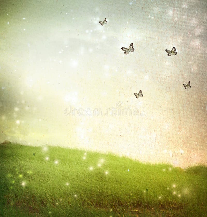 Butterflies in a fantasy landscape - vintage paper style. Butterflies in a fantasy landscape - vintage paper style