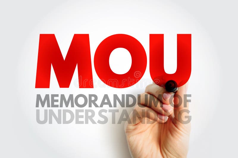 MOU MEMORANDUM OF UNDERSTANDING abbreviation written conceptually, representing business agreement, cooperation and partnership between organizations or institutions illustration. Memorandum understanding illustrations