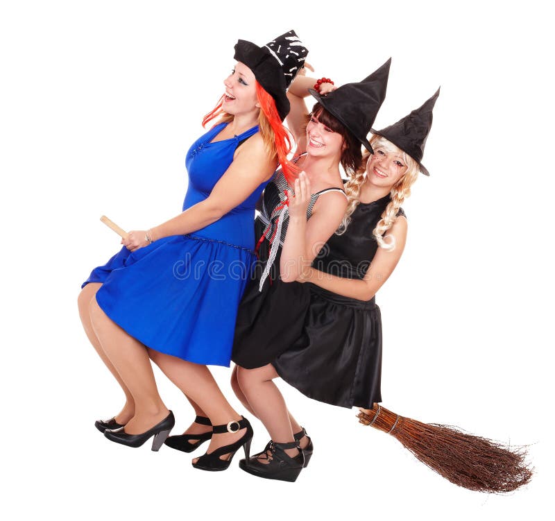 Young woman witch fly on broom. Isolated. Young woman witch fly on broom. Isolated.