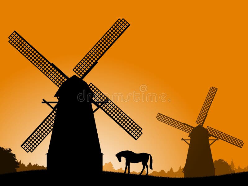 Moulins à vent au coucher du soleil. illustration de vecteur Moulins à vent au coucher du soleil. illustration de vecteur