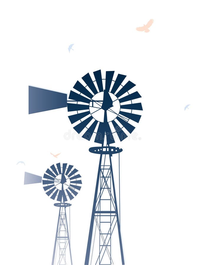Illustration of two windmills with flying birds, isolated against a white background. Illustration of two windmills with flying birds, isolated against a white background.