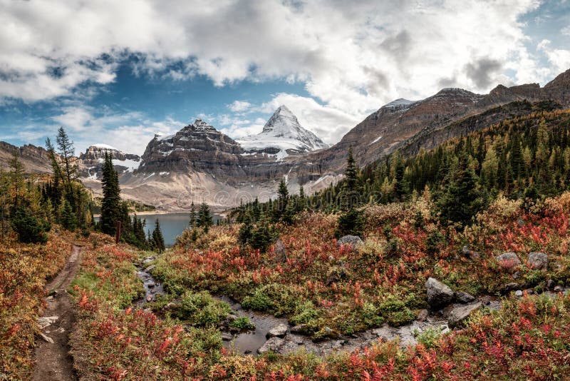 Mount Assiniboine with Lake Magog on Autumn forest at provincial park