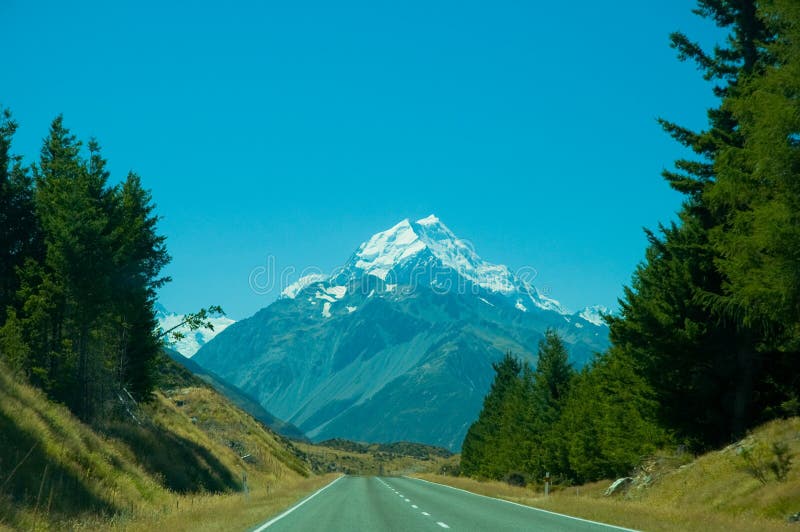 A vibrant blue sky and an empty road that goes into the distance, with Mount Cook (Aoraki) in the background on a sunny cloudless day. Forests surround the road on both sides. A vibrant blue sky and an empty road that goes into the distance, with Mount Cook (Aoraki) in the background on a sunny cloudless day. Forests surround the road on both sides.